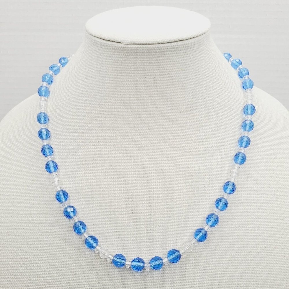 VINTAGE Blue Glass Beaded Necklace Clear Beads Sterling Silver Clasp 9mm 22"